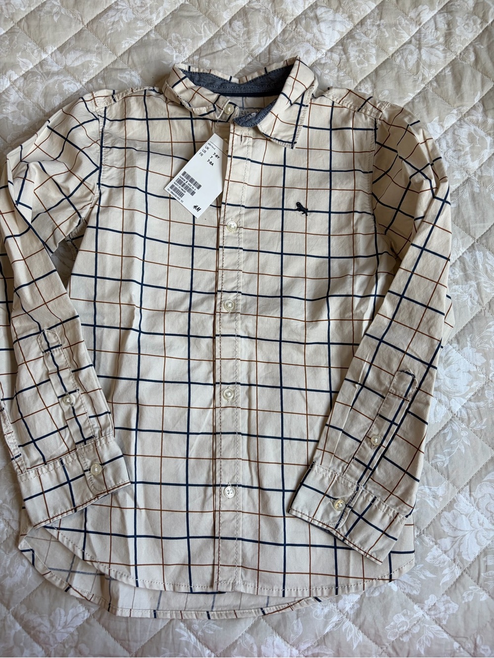 H&M Cream Button-Down Shirt with Navy and Brown Windowpane